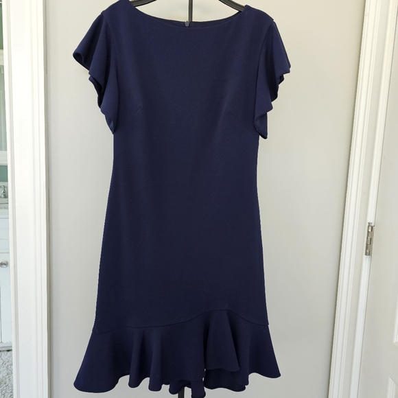 Vince Camuto Navy Scuba Sheath Dress with Ruffle Size 4 - Picture 1 of 6